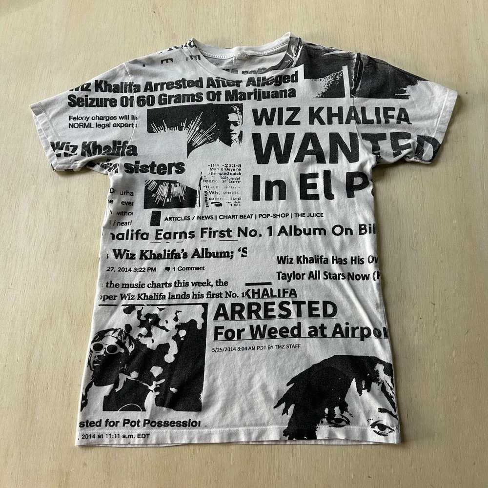 Y2K Wiz Khalifa Shirt Mens Small White Newspaper Print Graphic Tee T-Shirt